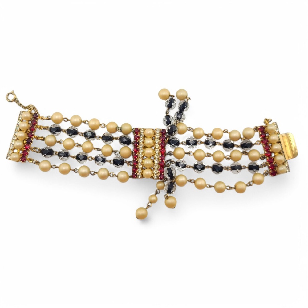 Vintage Hobe Red Rhinestone Cha Cha Bracelet 4 Strand W Faux Pearl Crystal Beads